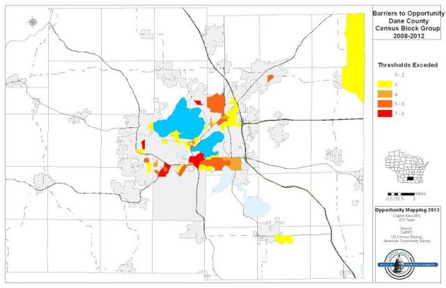 This map, part of a Fair Housing and Equity Assessment by the Capital Area Regional Planning Commission, identifies 