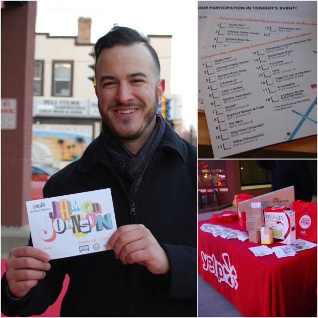 Yelp community director and Tenney-Lapham resident Corey Dane (left) holds a Jam on Johnson 'passport'. Dane is also a Tenney-Lapham resident (L). Once participants visited 10 locations they were eligible to enter a prize drawing (top).