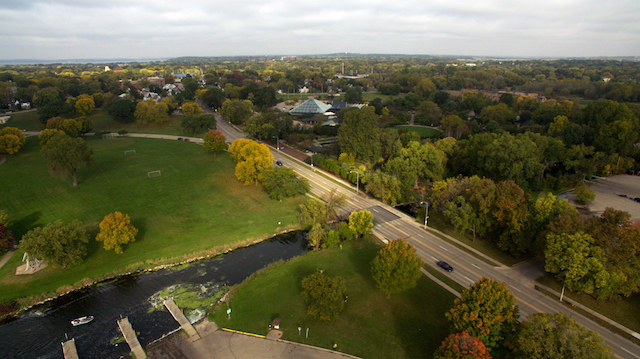Looking West along Atwood Ave. toward Olbrich Botanical Gardens with Starkweather Creek in the foreground (Aaron Hathaway/Madison Commons)