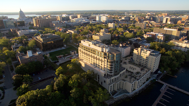 Aerial view of the Edgewater Hotel with its concert patio on the right (Aaron Hathaway/Madison Commons)