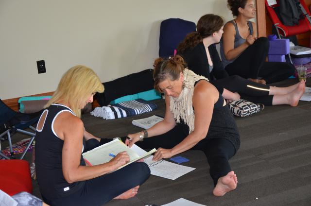 Two teachers discussing their lesson plans at Breathe for Change Training in late June. (Kate Jungers/Madison Commons)