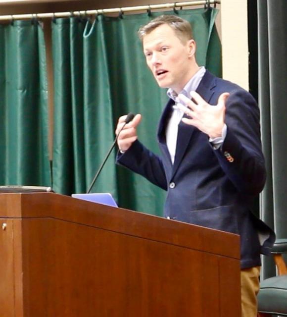 Matthew Desmond spent a year and a half in Milwaukee’s poorest neighborhoods, documenting eight families’ quests for stable housing. He spoke about his new book “Evicted” at the Fluno Center in Madison last week. (Melissa Behling/Madison Commons)