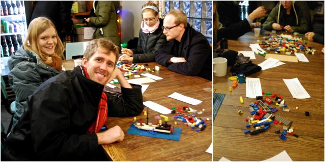 Tenney-Lapham residents Andrew and Michelle Mathewes pose with their Lego creation at Johnson Public House's Lego contest. All photos will be posted on Instagram (#legomyjohnsonstreet) and winners will be chosen by Johnson Public House staff.