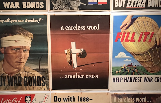World War II propaganda posters displayed in Shhh… (Erin Green/Madison Commons)