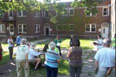 North side residents outside abandoned dorm