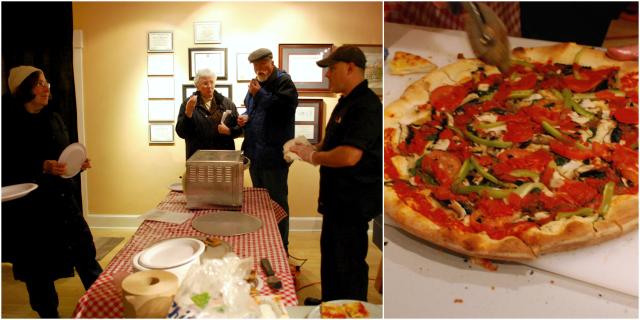 Patrick DePula (in black) of Salvatore's Tomato Pies speaks to attendees. Salvatore's brought various pizzas to sample, including vegan options (right). Salvatore's Tomato Pies will officially move to Johnson Street later this year.