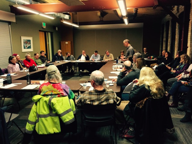 Madison residents discuss MG&amp;E’s Community Energy Report and the company’s sustainability and green energy initiatives at a RePower Madison meeting on Monday, February 22. (Mitch Brey)