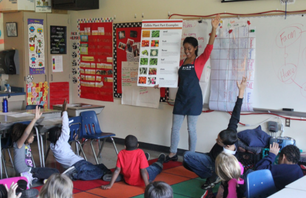 Students at Leopold Elementary receive a lesson on plants as part of the REAP Farm to School Program. (Photo courtesy of Natasha Smith)