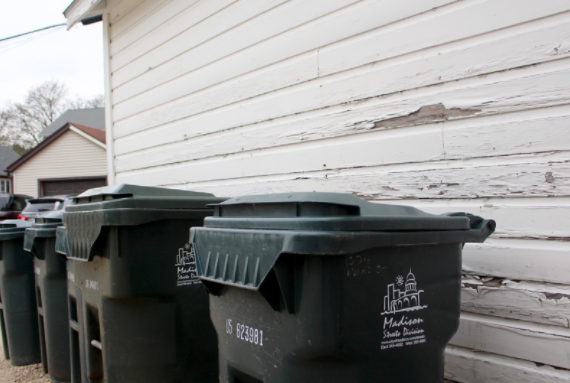 Green recycling bins line up behind Madison homes. Get the details on proper use in Madison Streets Division’s Recyclopedia. (Photo: Lauren Ann Sklba)