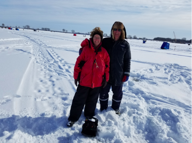 Gale Zastrow (LEft) Pat Repovsch (Right) getting ready to find some fish under the ice (Pawan Naidu/Madison Commons)