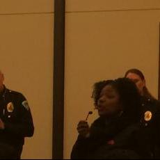 Young, Gifted and Black Coalition's Brandi Grayson, right, speaks about policing on South Madison at a forum with Madison Police Chief Mike Koval, left (Franco Latona/Madison Commons).