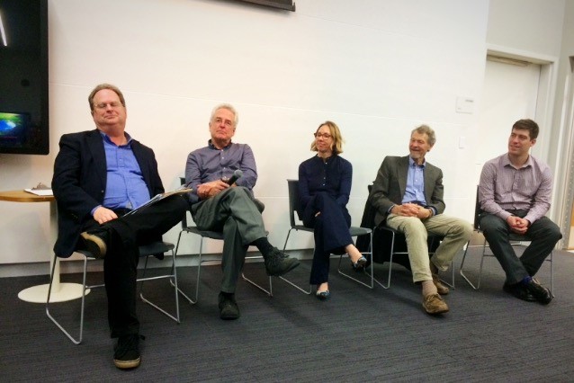 Panelists answered questions about Dane County’s energy future. From left to right: Gary Radloff, Dave Merritt, Jeanne Hoffman, Don Wichert and Mitch Brey. ( Trina La Susa/Madison Commons)