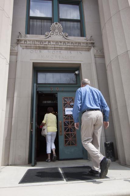 Visitors walking into Madison Masonic Temple. (Stephanie Jean Tsang/Madison Commons)
