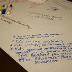 In one workshop, attendees scribbled down ideas for promoting and sustaining school gardens.