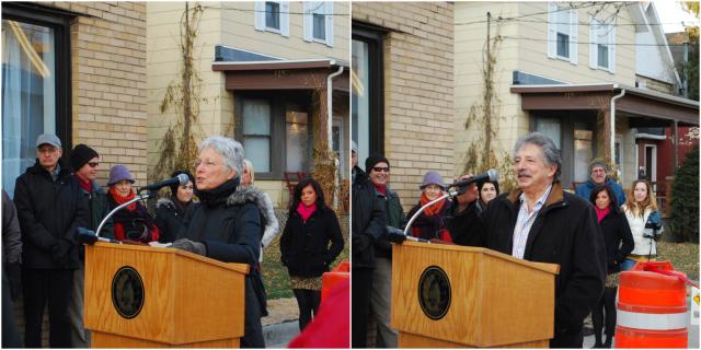 Adler Ledell Zellers, District 2, and Madison Mayor Paul Soglin deliver remarks ahead of the ribbon cutting ceremony at Jam on Johnson, an event held in Tenney-Lapham to mark the end of road construction.