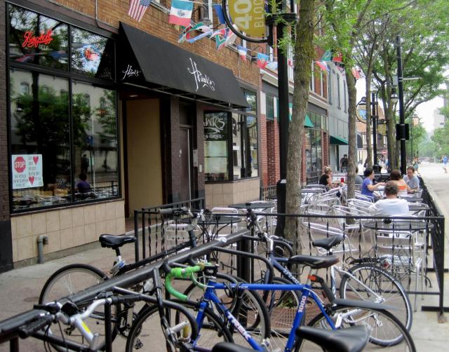 Bike racks line the outsides of restaurants on State Street and Capitol Square where business owners support events like Ride the Drive, said Hawk Schenkel, owner of Hawk’s Bar &amp; Grill.