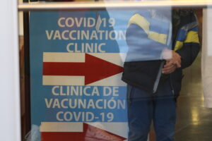 Children's COVID-19 vaccine clinic sign at entrance of Madison Children’s Museum.
