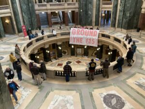 Members of the organizations Midwest Catholic Worker and Safe Skies Clean Water Wisconsin rallied Monday, March 27, in the state Capitol against the use of F35 fighter jets in Wisconsin.