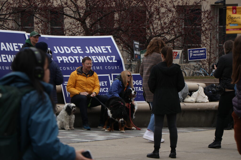 Supporters of state Supreme Court candidate Judge Janet Protasiewicz supporters gathered Tuesday on Library Mall on the University of Wisconsin–Madison campus. Protasiewicz defeated former state Supreme Court Justice Daniel Kelly in the election for a seat on the state's high court on April 4, 2023.