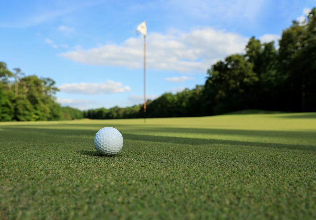 Golf ball near pin.
