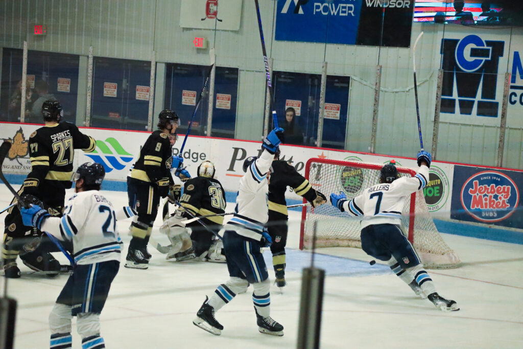 The Madison Capitols celebrate a goal scored against the Muskegon Lumberjacks at a series at Capitol Ice Arena in Middleton.