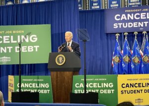 President Biden delivering his speech about his administration’s new student debt forgiveness plan to an enthusiastic crowd.