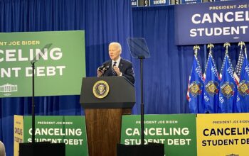 President Biden delivering his speech about his administration’s new student debt forgiveness plan to an enthusiastic crowd.