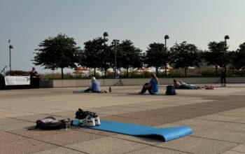 Mats are set out in preparation for Joan Herzing's rooftop yoga class