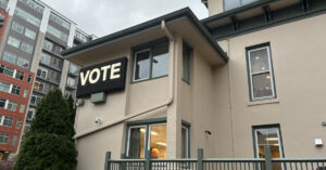 Vote sign displayed outside a public library in Madison