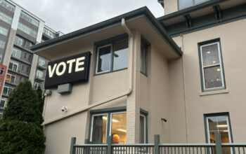 Vote sign displayed outside a public library in Madison