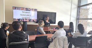 Members of the Tenant Resource Center convene at a meeting. 