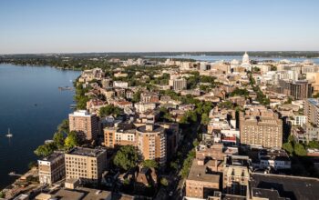 The UW campus, Madison skyline, Lake Mendota and Lake Monona are photographed looking east down Lagdon and State Streets on June 10, 2024. (Photo by Bryce Richter / UW–Madison)