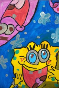 a yellow character in a blue sky