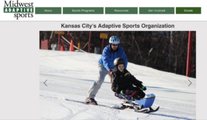 A screenshot of the Midwest Adaptive Sports website with a photo of two skiers, one with a blue coat aiding a skier with a black coat in adaptive ski equipment.