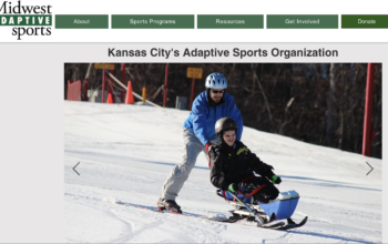 A screenshot of the Midwest Adaptive Sports website with a photo of two skiers, one with a blue coat aiding a skier with a black coat in adaptive ski equipment.