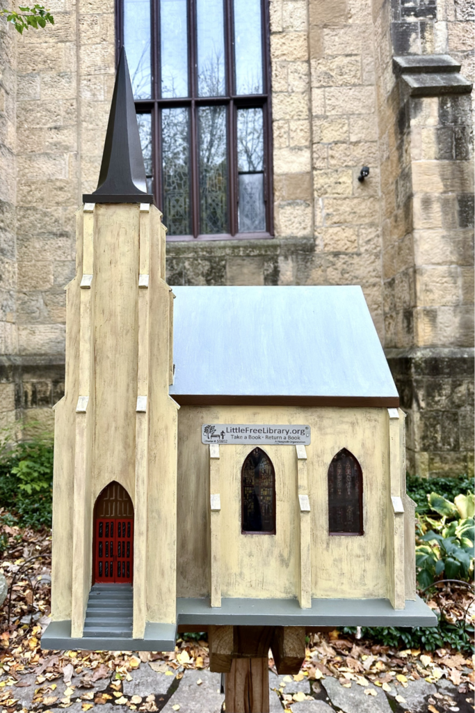 Little Free Library shaped like Madison's Grace Church.
